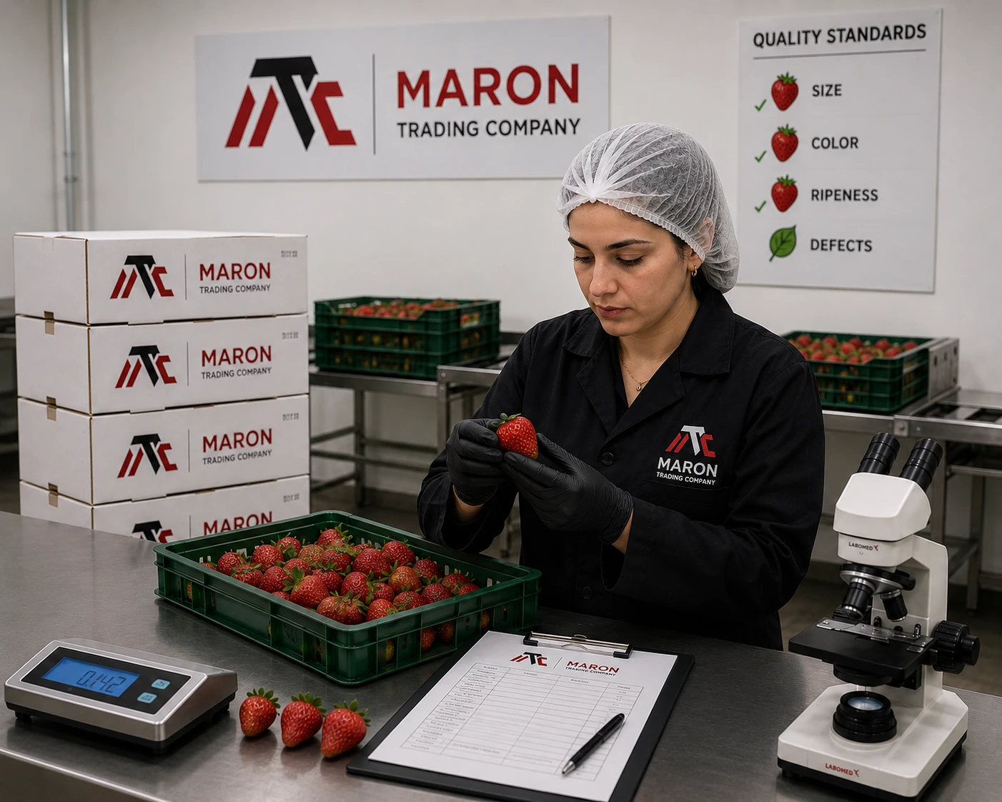 Maron quality inspector examining fresh strawberries