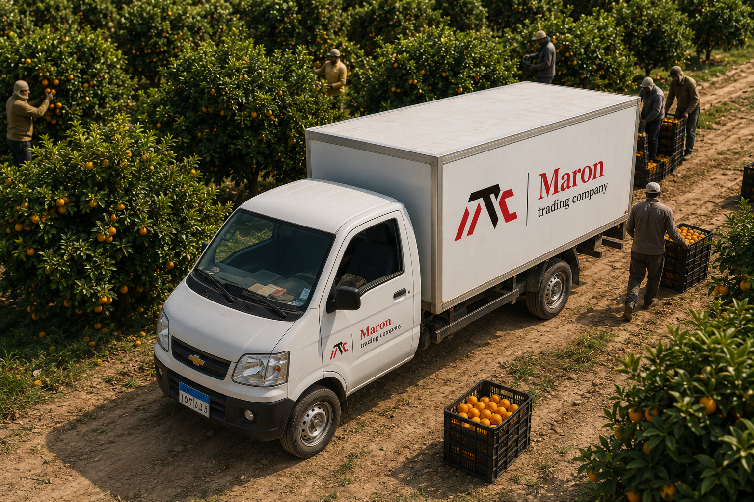 Aerial view of Egyptian farmers harvesting oranges beside a Maron Trading Company collection truck