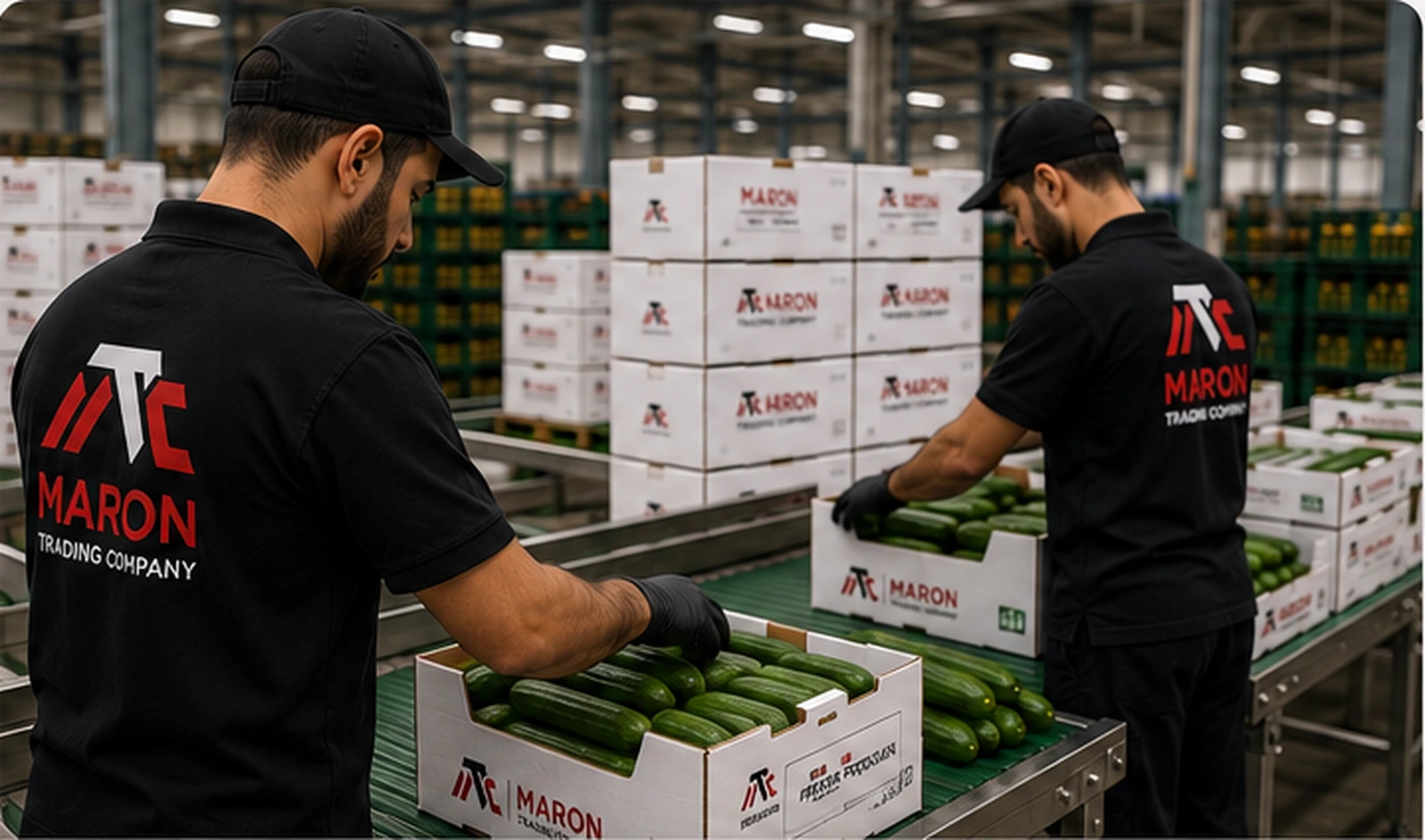 Maron team securely packing fresh cucumbers in export cartons