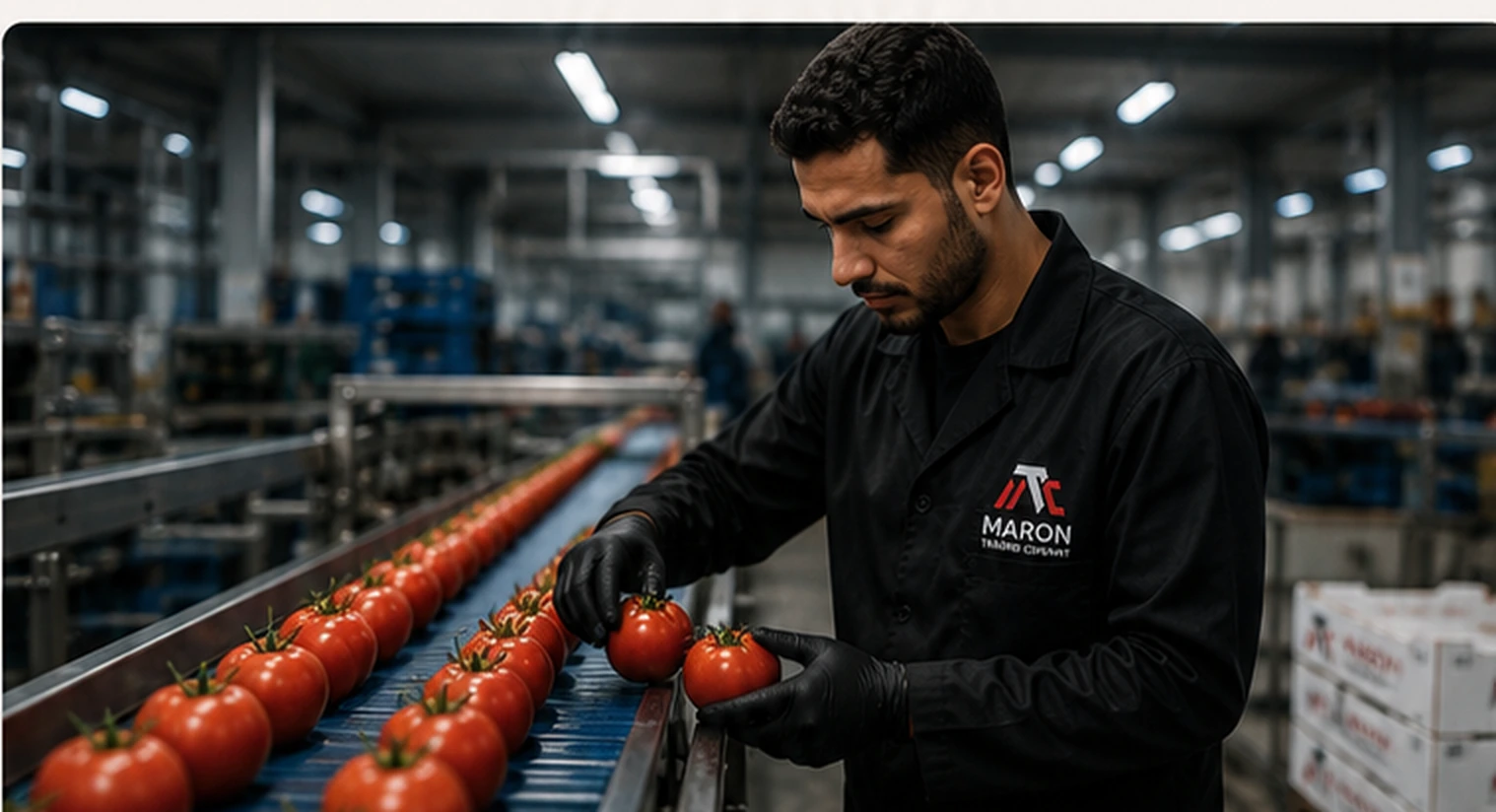 Maron quality inspector checking fresh tomatoes on the production line